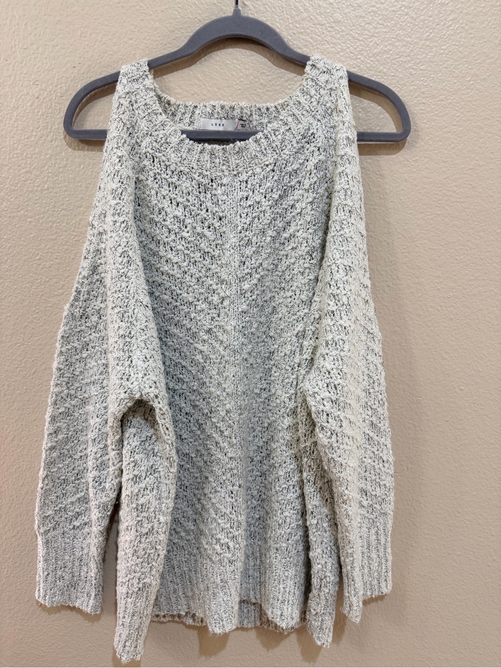 LUSH Gray Marl Cold Shoulder Distressed Knit Sweater L Open Shredded Back NWOT